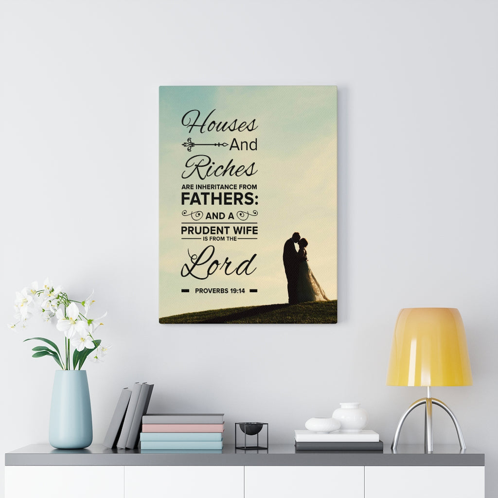 Scripture Canvas House and Riches Proverbs 19:14 Christian Wall Art Bible Verse Meaningful Home Decor Gifts Unique Housewarming Gift Ideas Framed Prints, Canvas