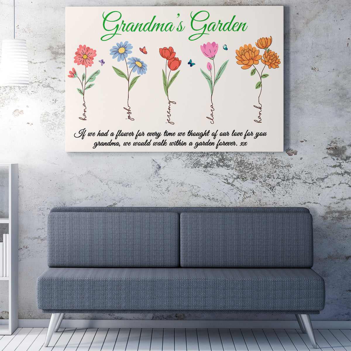Custom Grandkid Names Grandma's Garden Floral Home Decor Wall Art Gift Ideas Gift Ideas, Thought of Our Love for You Home Decor Wall Art Gift Ideas Gift for Grandma Framed Prints, Canvas