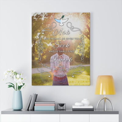 Scripture Canvas Ask Seek Knock Matthew 7:7 Christian Wall Art Bible Verse Meaningful Home Decor Gifts Unique Housewarming Gift Ideas Framed Prints, Canvas