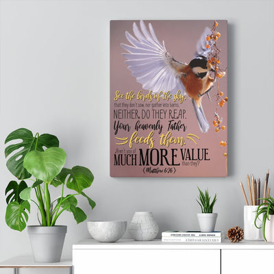 Scripture Canvas Much More Value Matthew 6:26 Christian Wall Art Bible Verse Meaningful Home Decor Gifts Unique Housewarming Gift Ideas Framed Prints, Canvas