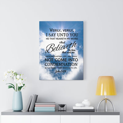 Scripture Canvas Everlasting Life John 5:24 Christian Wall Art Bible Verse Meaningful Home Decor Gifts Unique Housewarming Gift Ideas Framed Prints, Canvas