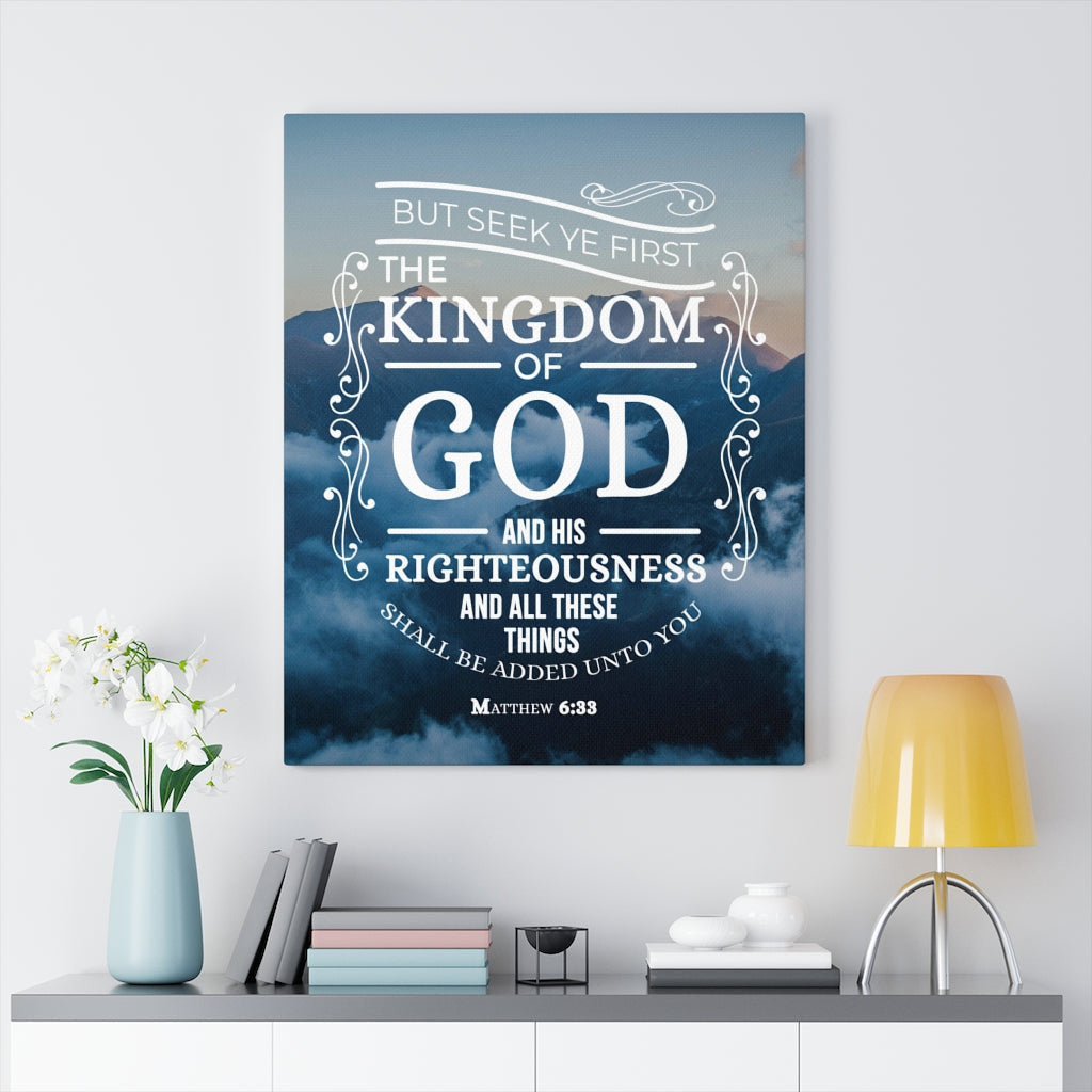 Scripture Canvas The Kingdom of God Matthew 6:33 Christian Wall Art Bible Verse Meaningful Home Decor Gifts Unique Housewarming Gift Ideas Framed Prints, Canvas