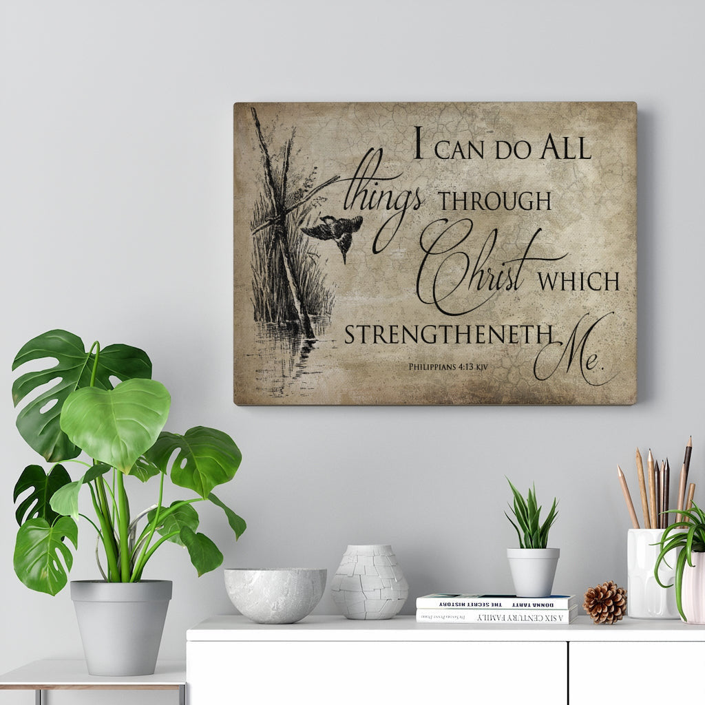 Scripture Canvas All Things Through Christ Philippians 4:13 Wall Art Bible Verse Meaningful Home Decor Gifts Unique Housewarming Gift Ideas Framed Prints, Canvas