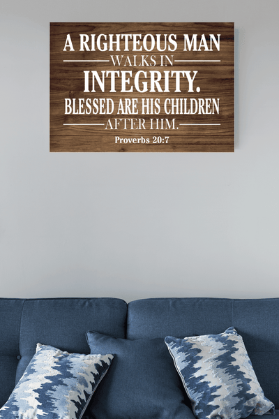 Scripture Canvas Righteous Man Proverbs 20:7 Scripture Christian Wall Art Bible Verse Meaningful Home Decor Gifts Unique Housewarming Gift Ideas Framed Prints, Canvas