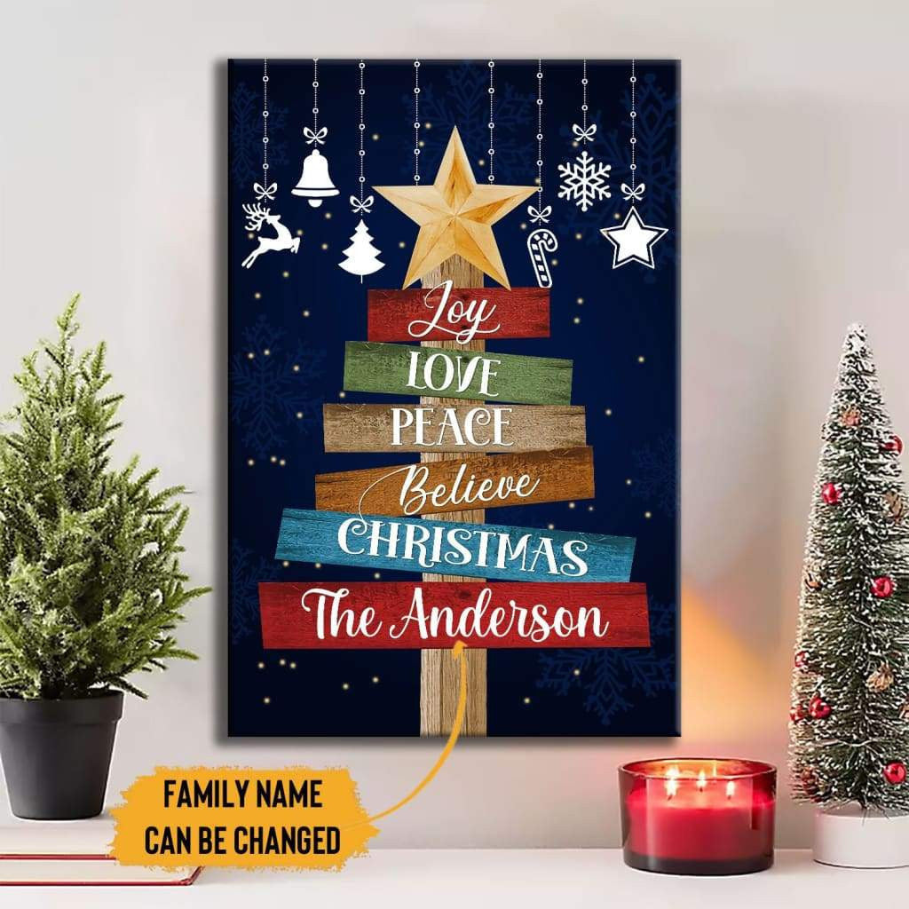Joy Love Peace Believe Christmas Custom Family Name Canvas Gallery Wrapped Canvas Framed Gift Idea Canvas Print