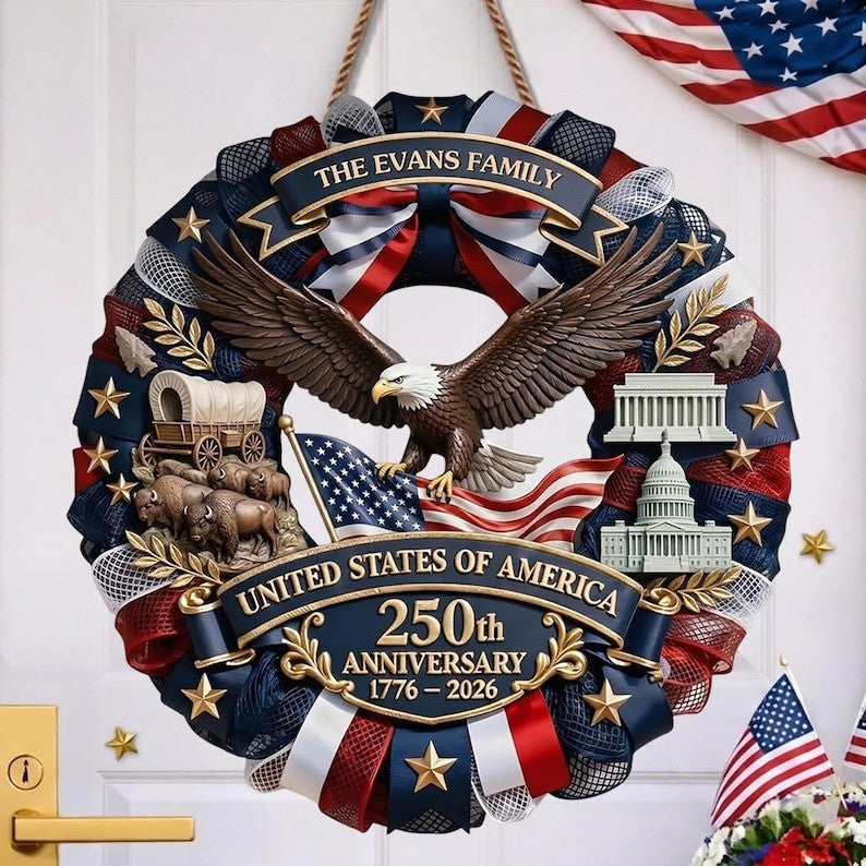 Patriotic Wreath America 250th Anniversary 1776-2026, American Flag Eagle Front Door Decor, 4th of July Door Hanger