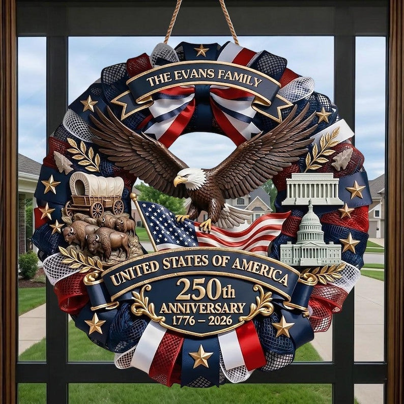 Patriotic Wreath America 250th Anniversary 1776-2026, American Flag Eagle Front Door Decor, 4th of July Door Hanger