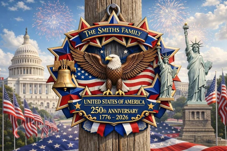 Personalized America 250th Anniversary Wood Wreath, Patriotic Family Name Decor 1776-2026