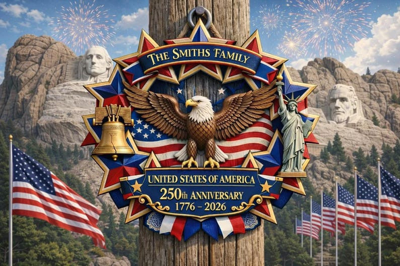 Personalized America 250th Anniversary Wood Wreath, Patriotic Family Name Decor 1776-2026