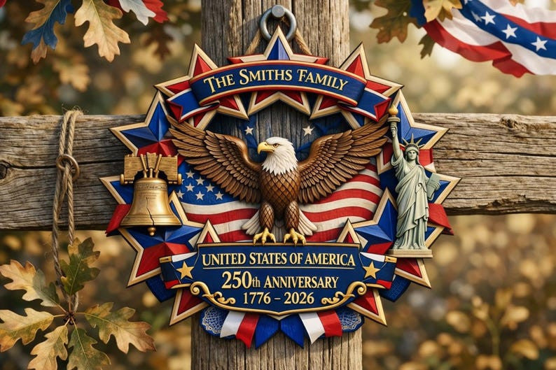 Personalized America 250th Anniversary Wood Wreath, Patriotic Family Name Decor 1776-2026