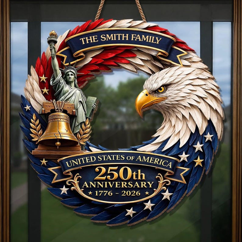 USA 250th Anniversary Patriotic Eagle Wreath Semiquincentennial 1776-2026 American Front Door Decor