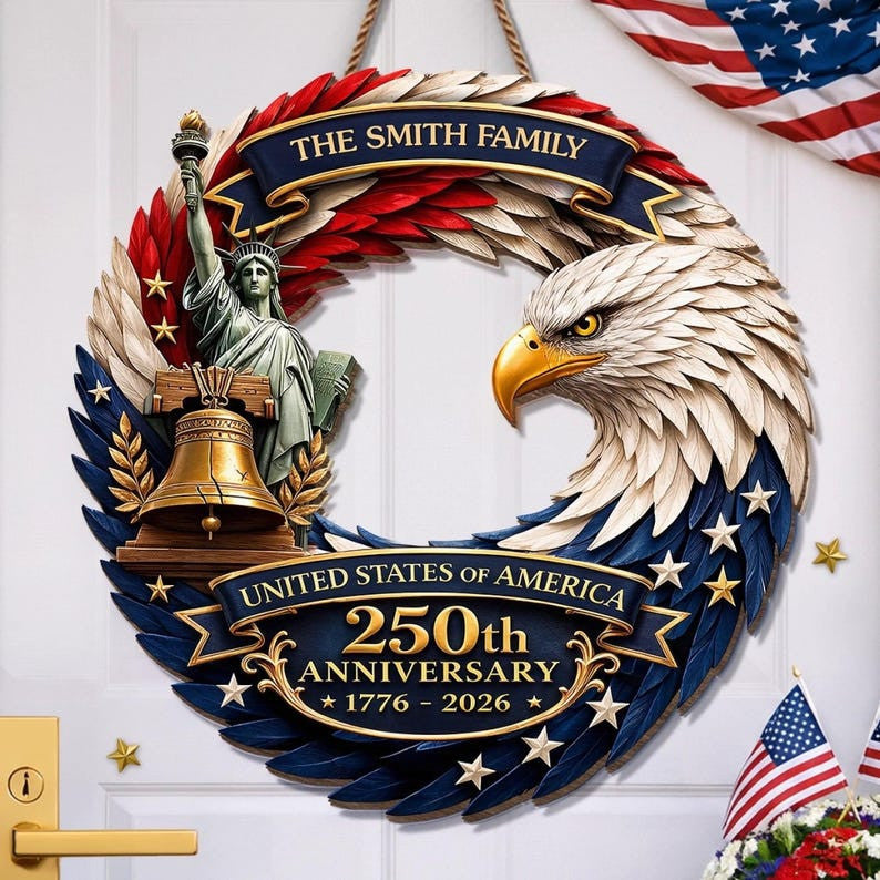 USA 250th Anniversary Patriotic Eagle Wreath Semiquincentennial 1776-2026 American Front Door Decor