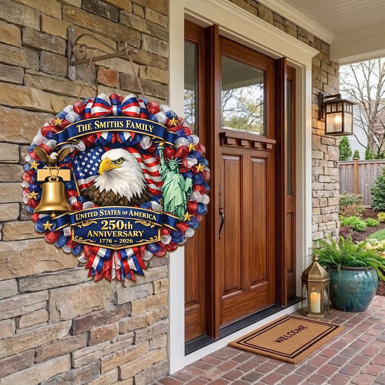 Custom Family Name America 250th Anniversary Wood Sign, Fourth of July Patriotic Wreath, USA 1776-2026 Anniversary Front Door Hanger
