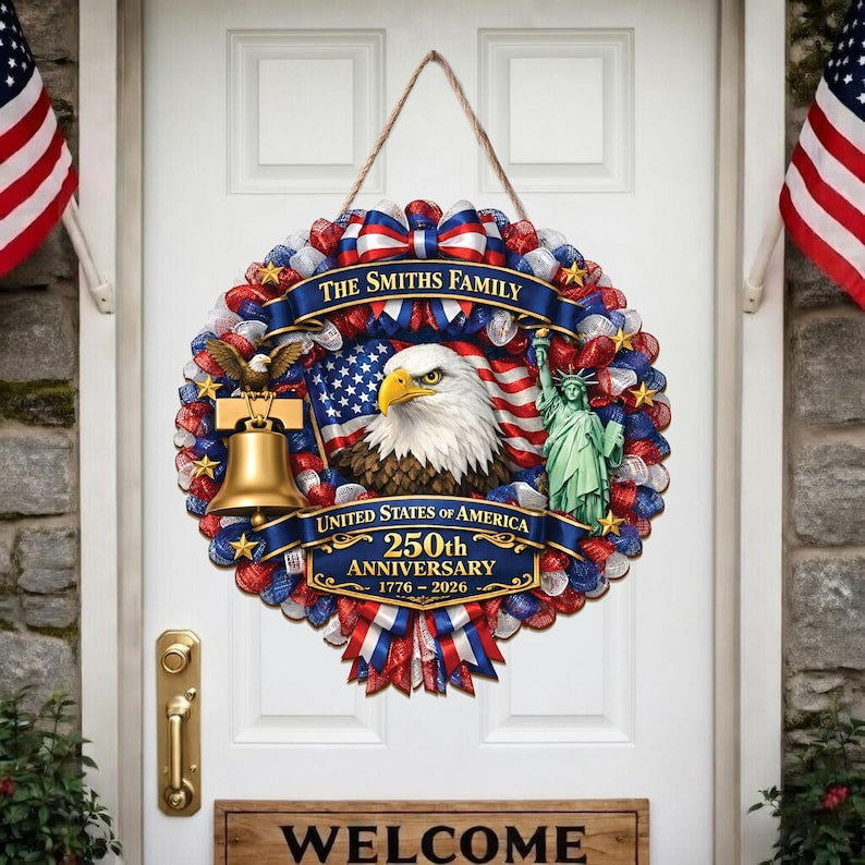 Custom Family Name America 250th Anniversary Wood Sign, Fourth of July Patriotic Wreath, USA 1776-2026 Anniversary Front Door Hanger