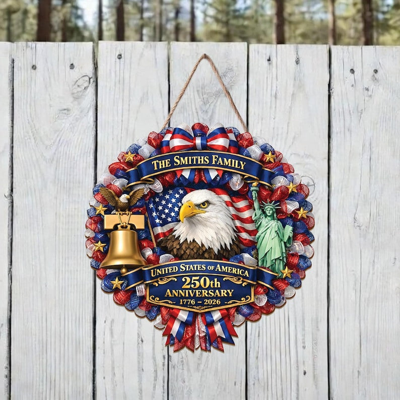 Custom Family Name America 250th Anniversary Wood Sign, Fourth of July Patriotic Wreath, USA 1776-2026 Anniversary Front Door Hanger