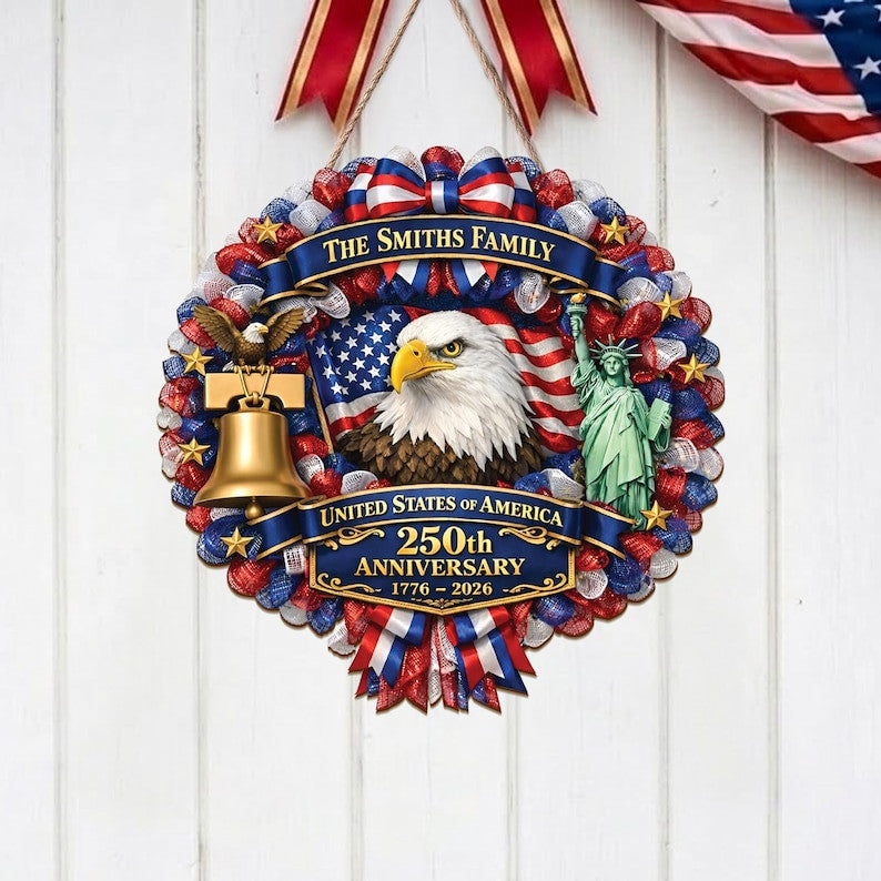 Custom Family Name America 250th Anniversary Wood Sign, Fourth of July Patriotic Wreath, USA 1776-2026 Anniversary Front Door Hanger