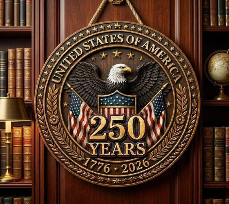 USA 250th Anniversary Door Sign Gold Eagle 1776-2026 Patriotic Wooden Decor, America Semiquincentennial Welcome Wall Art