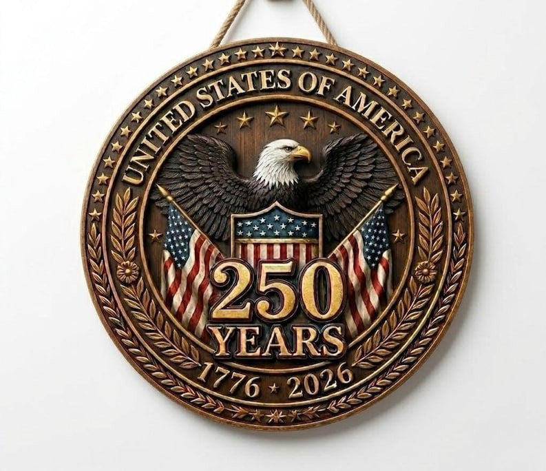 USA 250th Anniversary Door Sign Gold Eagle 1776-2026 Patriotic Wooden Decor, America Semiquincentennial Welcome Wall Art
