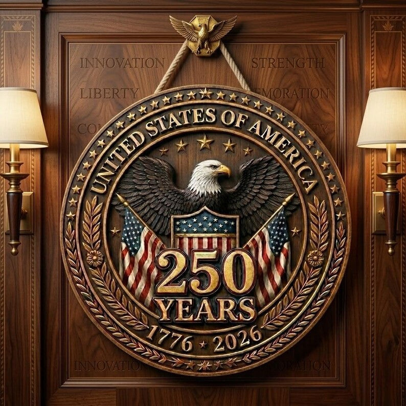 USA 250th Anniversary Door Sign Gold Eagle 1776-2026 Patriotic Wooden Decor, America Semiquincentennial Welcome Wall Art