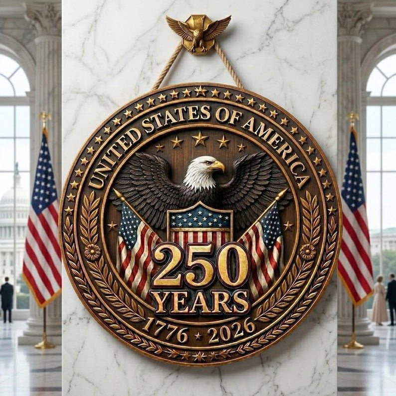 USA 250th Anniversary Door Sign Gold Eagle 1776-2026 Patriotic Wooden Decor, America Semiquincentennial Welcome Wall Art