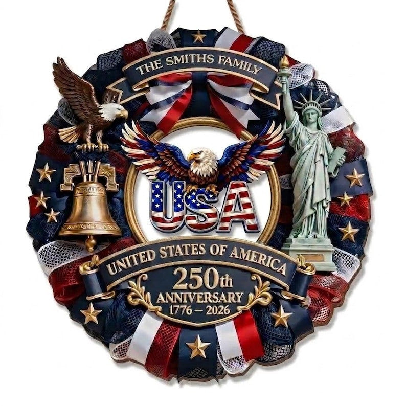 America 250th Anniversary Wreath Personalized, Patriotic Door Sign 1776-2026, Custom Family Name USA Decor, Semiquincentennial Gift