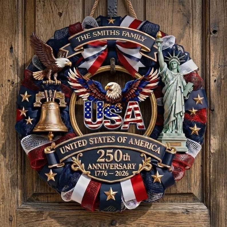 America 250th Anniversary Wreath Personalized, Patriotic Door Sign 1776-2026, Custom Family Name USA Decor, Semiquincentennial Gift
