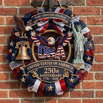 America 250th Anniversary Wreath Personalized, Patriotic Door Sign 1776-2026, Custom Family Name USA Decor, Semiquincentennial Gift