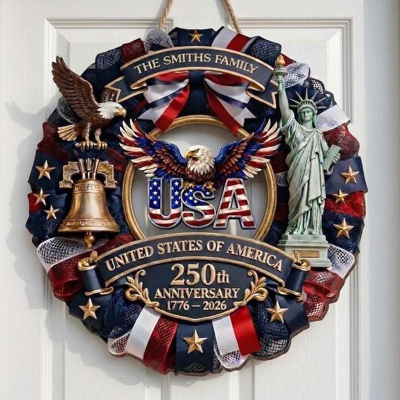America 250th Anniversary Wreath Personalized, Patriotic Door Sign 1776-2026, Custom Family Name USA Decor, Semiquincentennial Gift