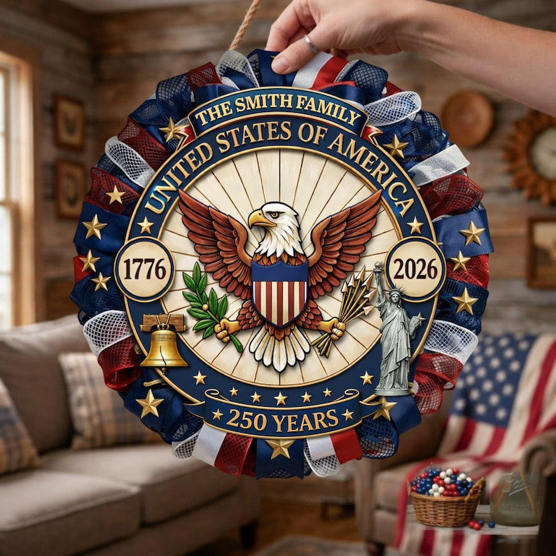 Personalized America 250th Anniversary Wood Wreath, Patriotic Door Sign 1776-2026, Semiquincentennial Decor with Family Name