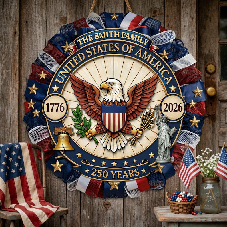Personalized America 250th Anniversary Wood Wreath, Patriotic Door Sign 1776-2026, Semiquincentennial Decor with Family Name