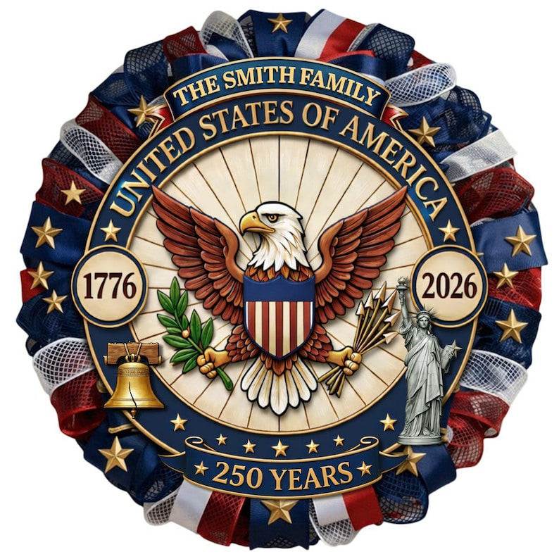 Personalized America 250th Anniversary Wood Wreath, Patriotic Door Sign 1776-2026, Semiquincentennial Decor with Family Name