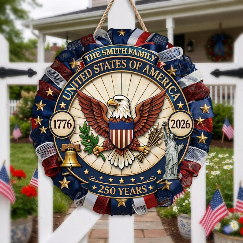 Personalized America 250th Anniversary Wood Wreath, Patriotic Door Sign 1776-2026, Semiquincentennial Decor with Family Name