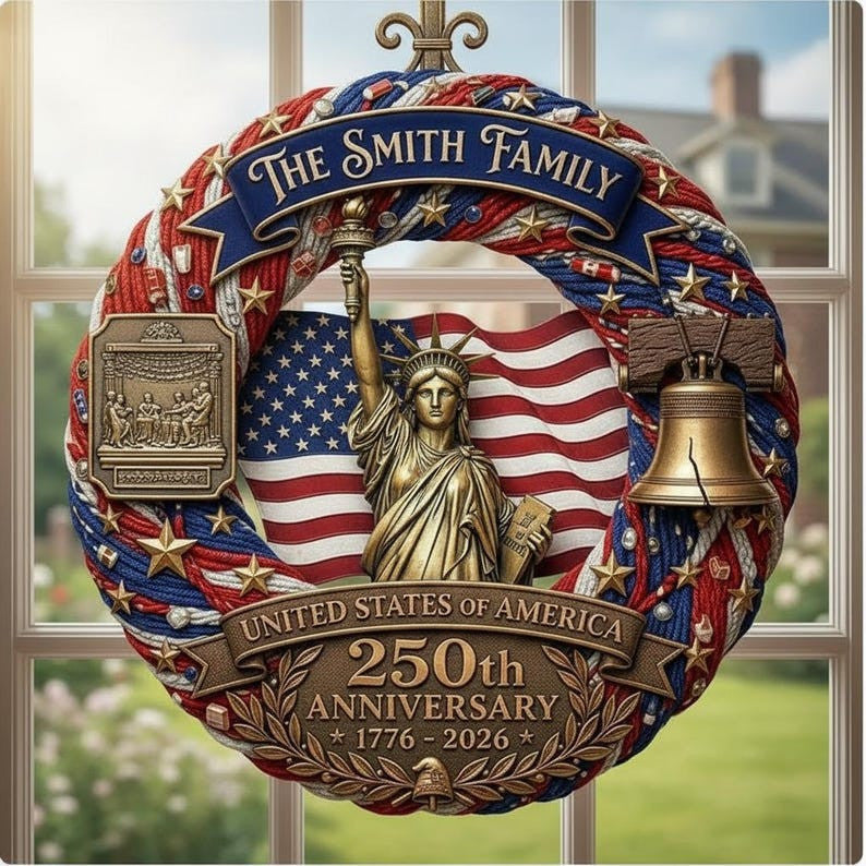 America 250th Anniversary Door Sign, Patriotic Family Name Wood Wreath 1776-2026, Fourth of July Decor, USA 250 Celebration Decor
