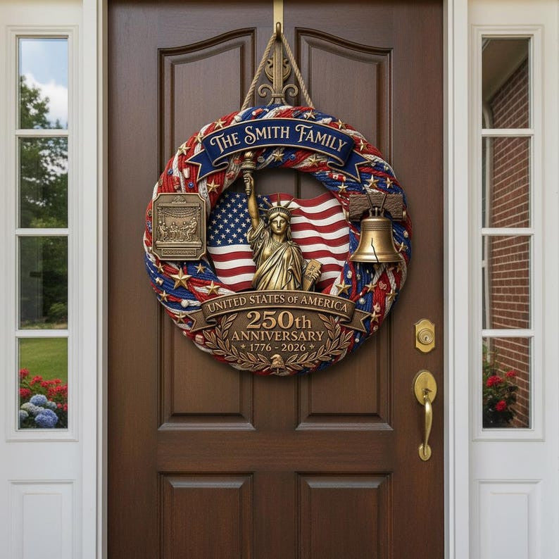 America 250th Anniversary Door Sign, Patriotic Family Name Wood Wreath 1776-2026, Fourth of July Decor, USA 250 Celebration Decor