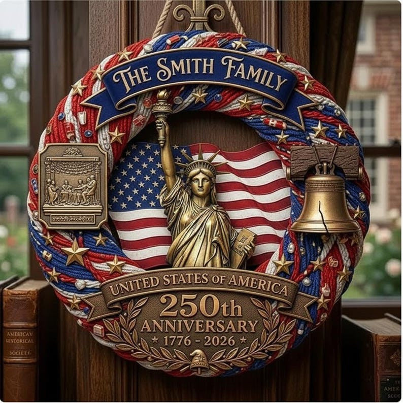 America 250th Anniversary Door Sign, Patriotic Family Name Wood Wreath 1776-2026, Fourth of July Decor, USA 250 Celebration Decor