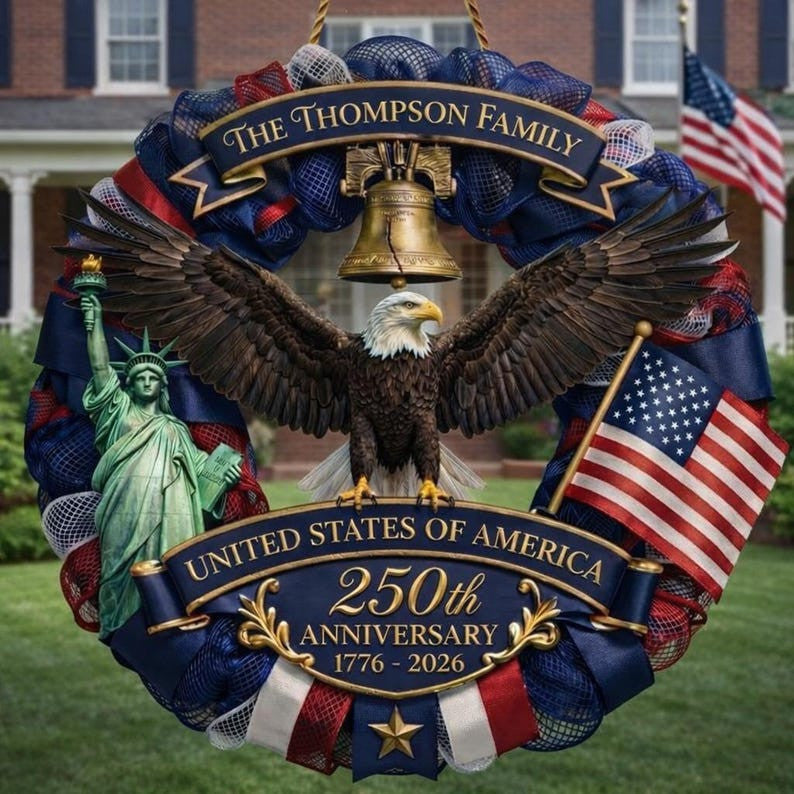 Personalized America 250th Anniversary Wood Wreath 1776-2026 Patriotic Door Sign Semiquincentennial Family Name Decor