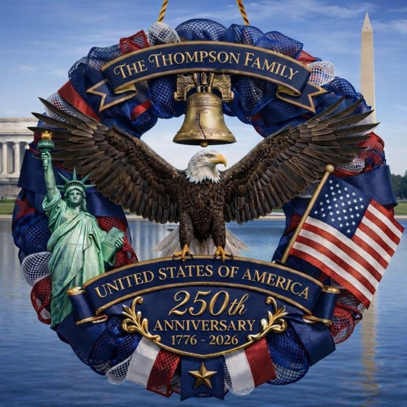 Personalized America 250th Anniversary Wood Wreath 1776-2026 Patriotic Door Sign Semiquincentennial Family Name Decor