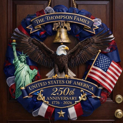 Personalized America 250th Anniversary Wood Wreath 1776-2026 Patriotic Door Sign Semiquincentennial Family Name Decor