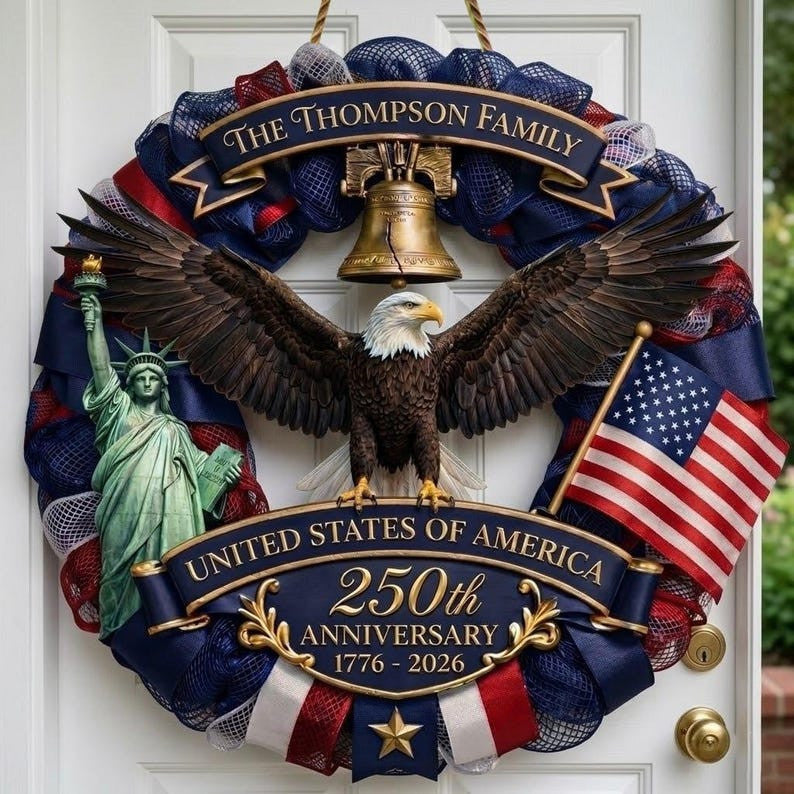 Personalized America 250th Anniversary Wood Wreath 1776-2026 Patriotic Door Sign Semiquincentennial Family Name Decor