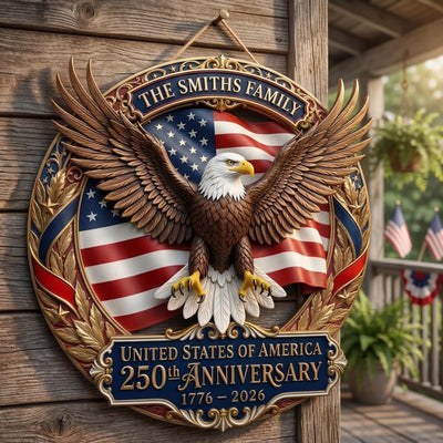 Customized America 250th Anniversary, Wood Wreath 1776-2026 Patriotic Eagle Door Hanger, Semiquincentennial Family Name Decor