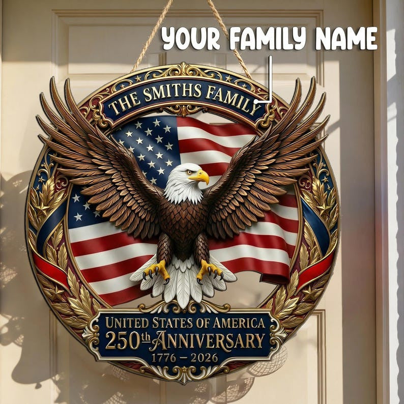 Customized America 250th Anniversary, Wood Wreath 1776-2026 Patriotic Eagle Door Hanger, Semiquincentennial Family Name Decor