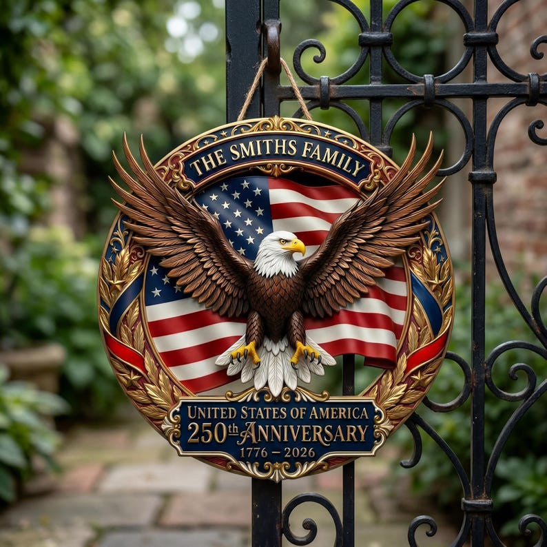 Customized America 250th Anniversary, Wood Wreath 1776-2026 Patriotic Eagle Door Hanger, Semiquincentennial Family Name Decor