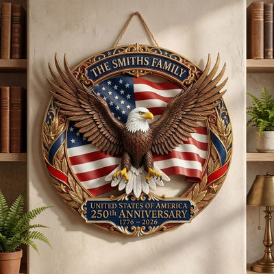 Customized America 250th Anniversary, Wood Wreath 1776-2026 Patriotic Eagle Door Hanger, Semiquincentennial Family Name Decor