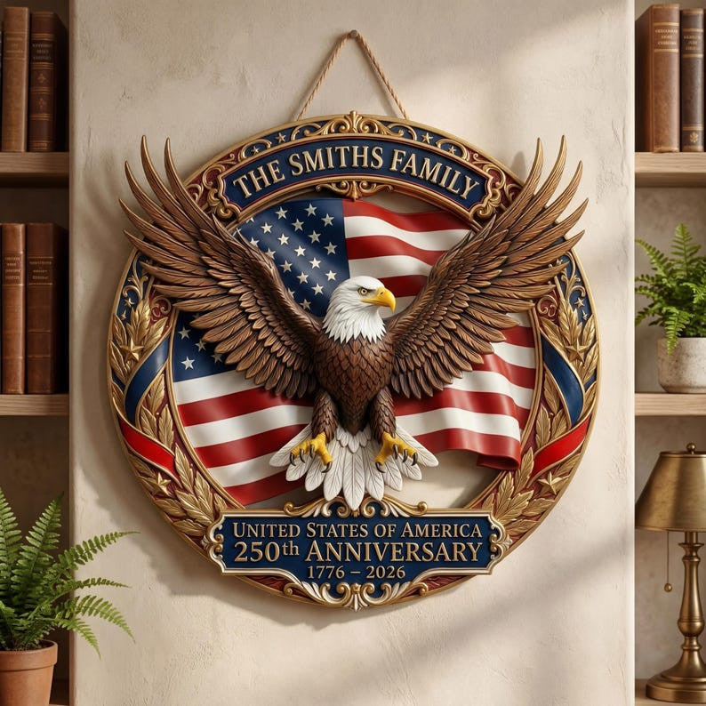 Customized America 250th Anniversary, Wood Wreath 1776-2026 Patriotic Eagle Door Hanger, Semiquincentennial Family Name Decor