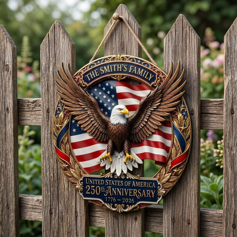 Customized America 250th Anniversary, Wood Wreath 1776-2026 Patriotic Eagle Door Hanger, Semiquincentennial Family Name Decor