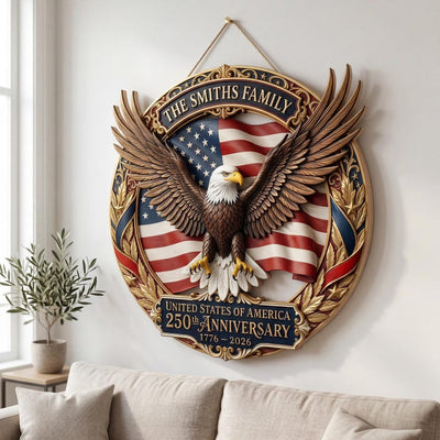 Customized America 250th Anniversary, Wood Wreath 1776-2026 Patriotic Eagle Door Hanger, Semiquincentennial Family Name Decor