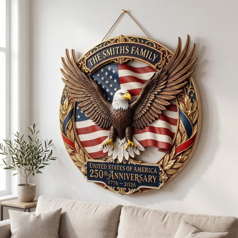 Customized America 250th Anniversary, Wood Wreath 1776-2026 Patriotic Eagle Door Hanger, Semiquincentennial Family Name Decor