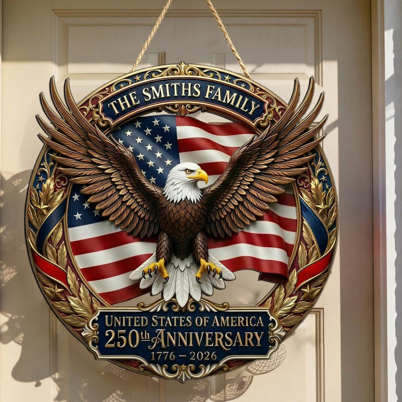 Customized America 250th Anniversary, Wood Wreath 1776-2026 Patriotic Eagle Door Hanger, Semiquincentennial Family Name Decor