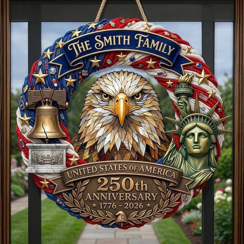 Patriotic America 250th Anniversary Door Sign 1776-2026, Personalized Wreath With Family Name, USA Independence Decor Gift