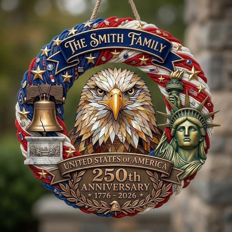 Patriotic America 250th Anniversary Door Sign 1776-2026, Personalized Wreath With Family Name, USA Independence Decor Gift
